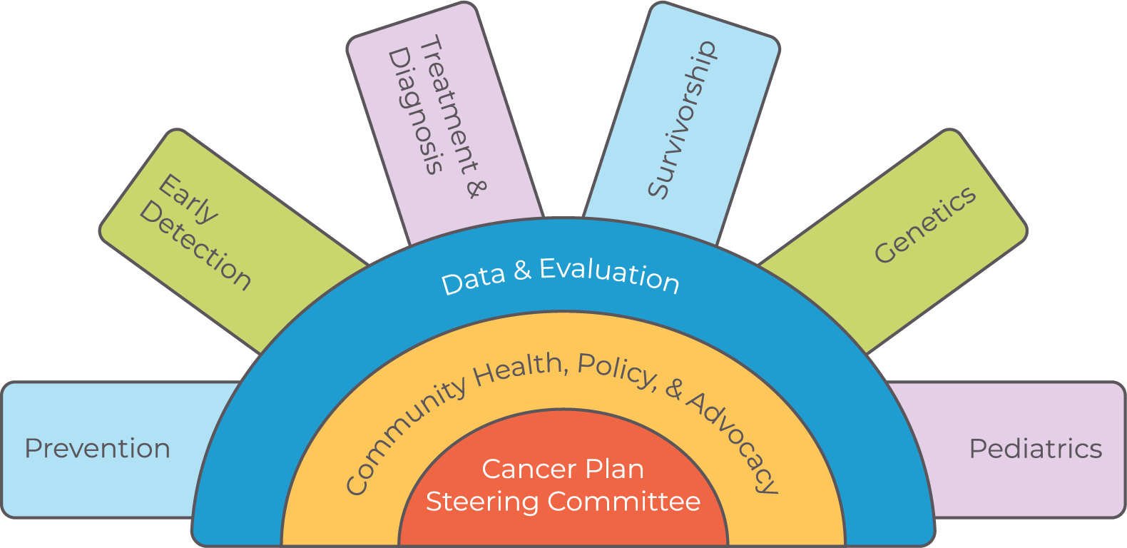 Graphic showing the proposed organizational structure, composed of 'cancer plan steering committee' at the core followed by 'community health, policy, and advocacy and then 'data and evaluation'